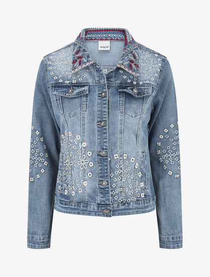 Veste en jean brodée et strass - Bleu - 4