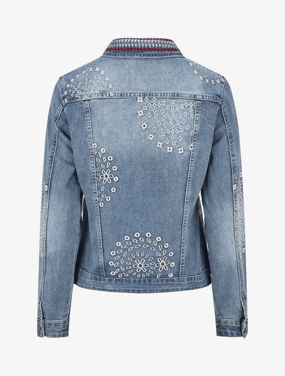 Veste en jean brodée et strass - Bleu - 2