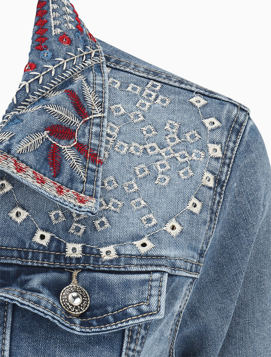 Veste en jean brodée et strass - Bleu - 3