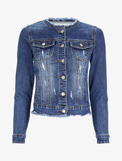 Veste en jean griffé à col rond coupe franche - Bleu denim - 4