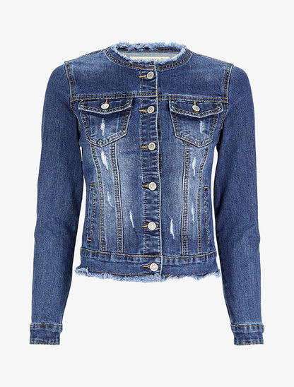 Veste en jean griffé à col rond coupe franche - Bleu denim - 4