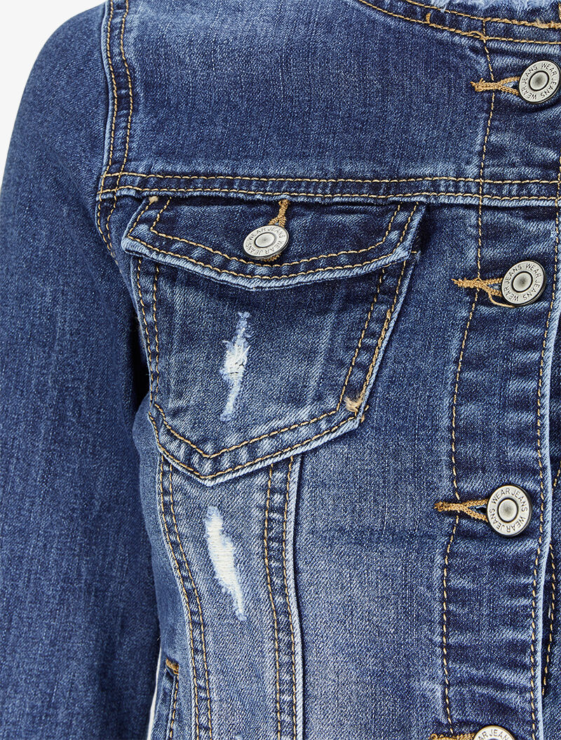 Veste en jean griffé à col rond coupe franche - Bleu denim - 3