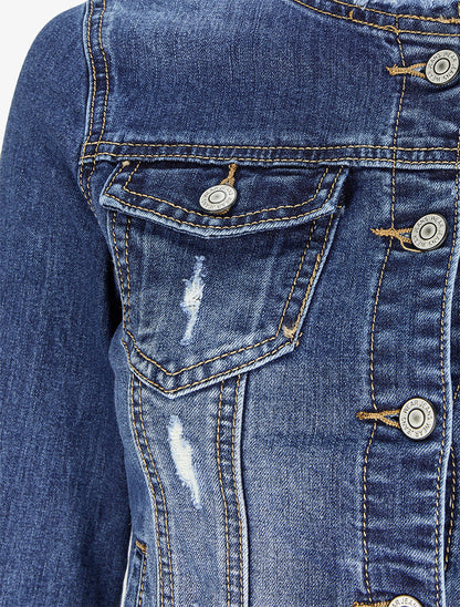 Veste en jean griffé à col rond coupe franche - Bleu denim - 3