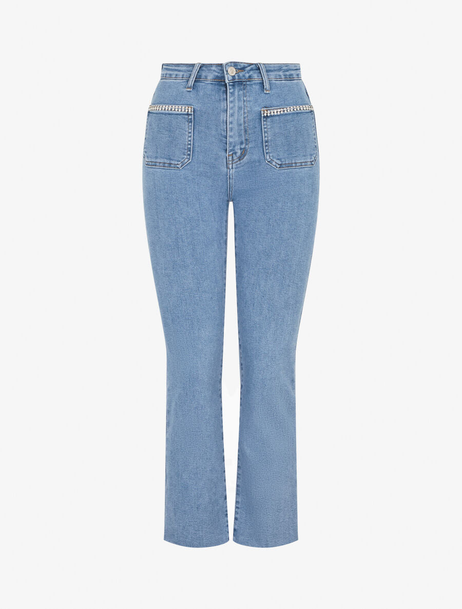 Jean à strass et bords effilochés coupe droite - Bleu - 1