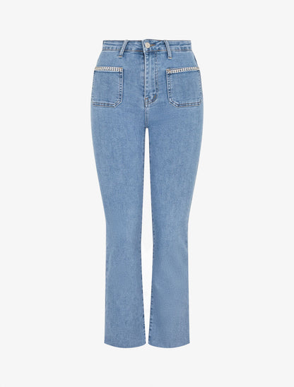 Jean à strass et bords effilochés coupe droite - Bleu - 1