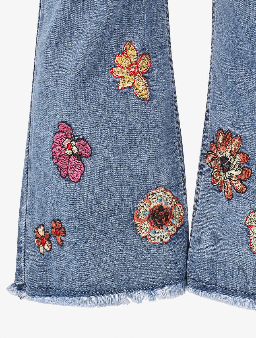 Jean flare taille haute à broderies fleuries - Bleu - 3