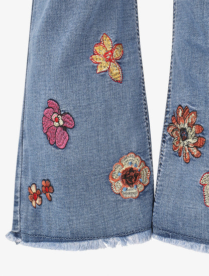 Jean flare taille haute à broderies fleuries - Bleu - 3
