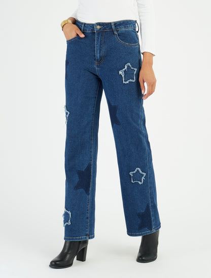 Jean mit hohem Bund und Sternenmuster - Blau