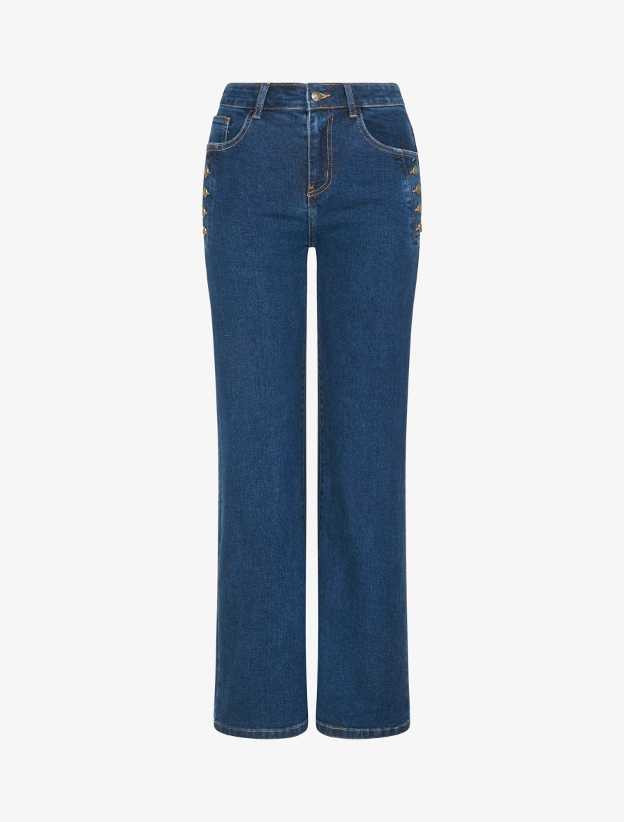Jean wide leg à poches ornées de boutons - Denim - 1