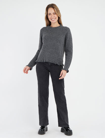 Jean mit weitem Bein, verwaschen, gerader Schnitt - Schwarz