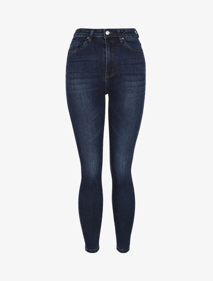 Jean skinny légèrement délavé à taille haute - Bleu foncé - 1