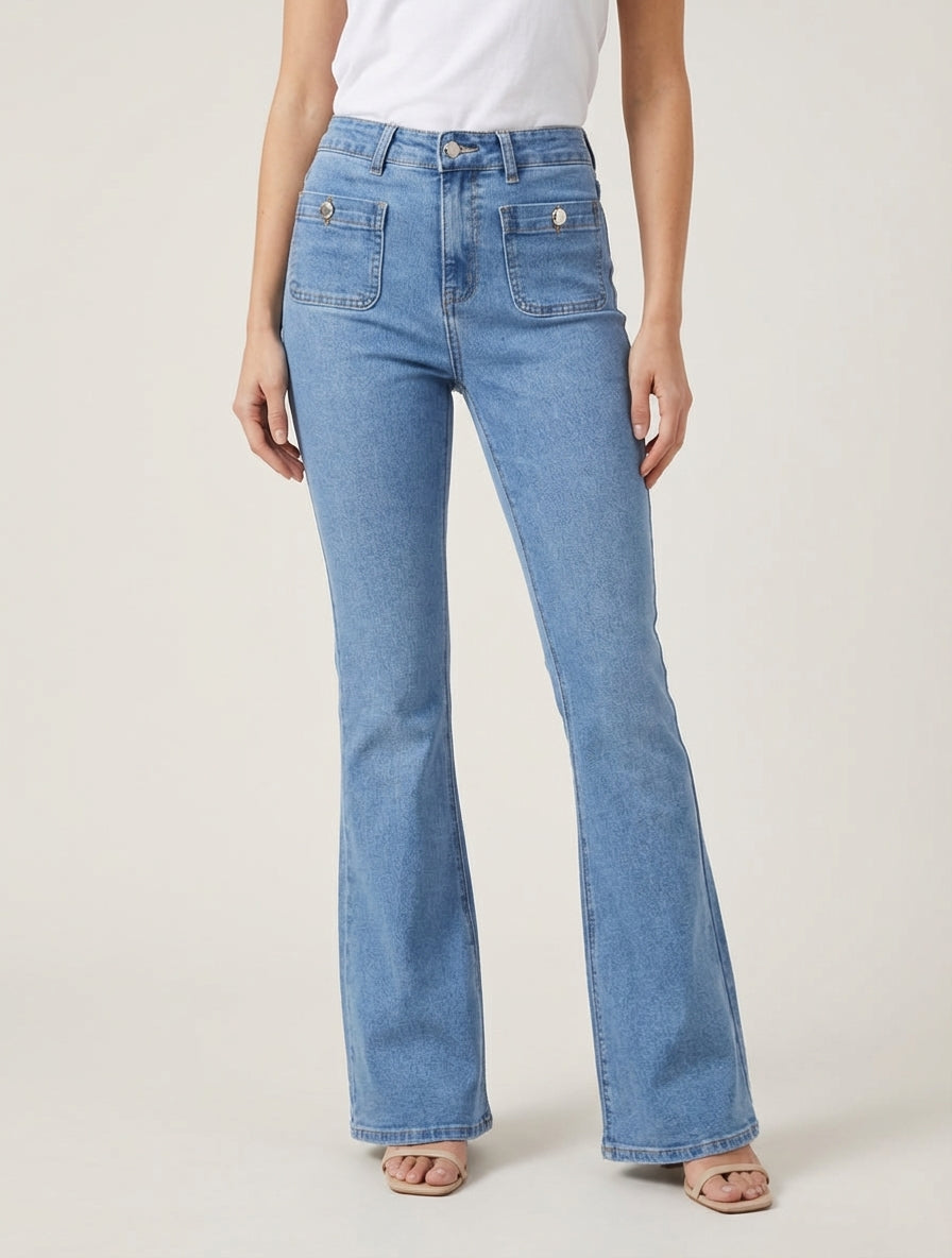 Jean mit ausgestelltem Bein und Knopftaschen - Hellblau