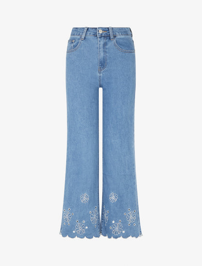 Jean wide leg à bords en vagues - Bleu - 1
