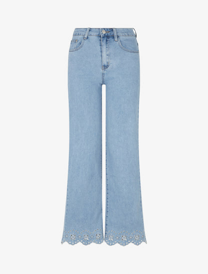 Jean wide leg à motif fleurs ajourés - Bleu - 1
