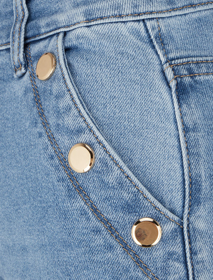Jean wide leg à boutons décoratifs coupe droite - Bleu - 3