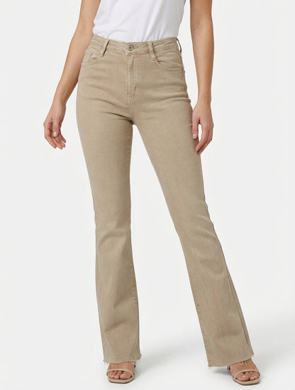 High-Waist-Jeans mit ausgefransten Kanten - Beige