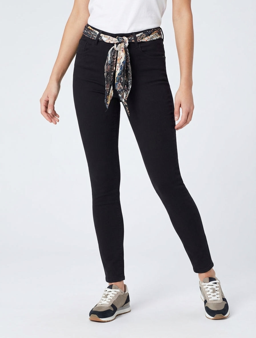 Skinny-Jeans mit bedrucktem Gürtel - Schwarz