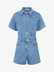 Combishort en jean manches courtes - Bleu - 1