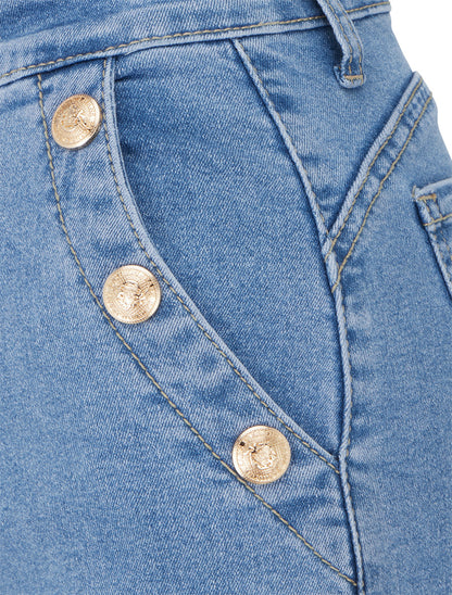 Jean droit à bords francs et boutons décoratifs - Bleu - 3