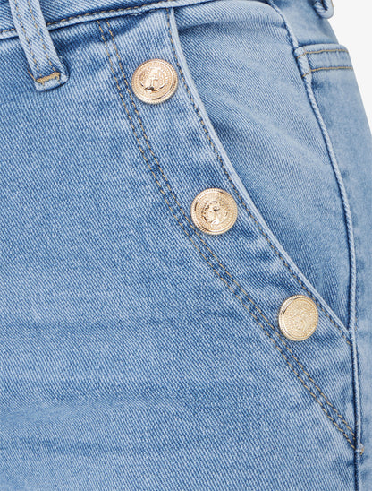 Jean taille haute à boutons décoratifs coupe droite - Bleu - 3