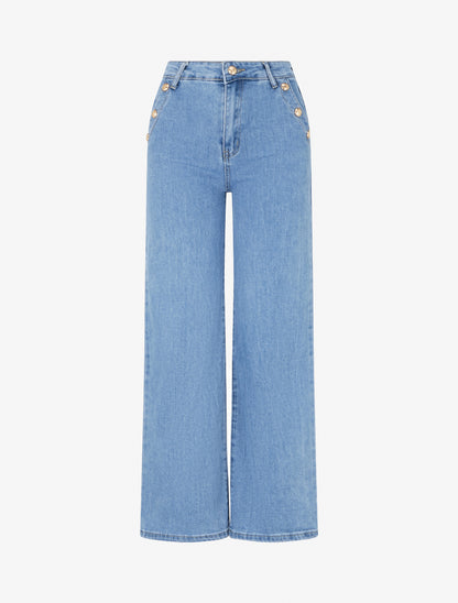 Jean droit à boutons décoratifs - Bleu - 1