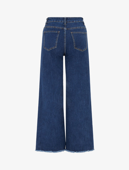 Jean wide leg à bords effilochés coupe droite - Bleu - 2