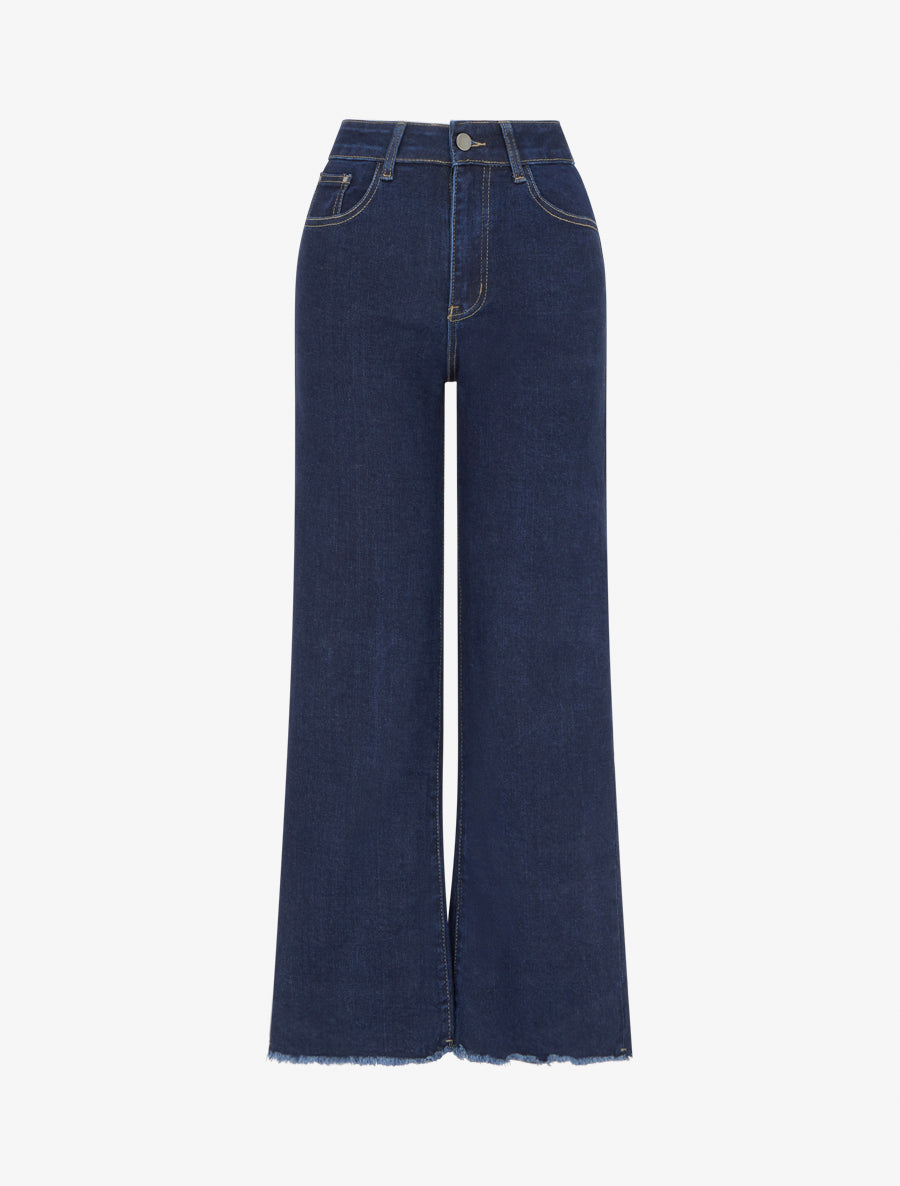 Jean wide leg à bords effilochés - Bleu - 1