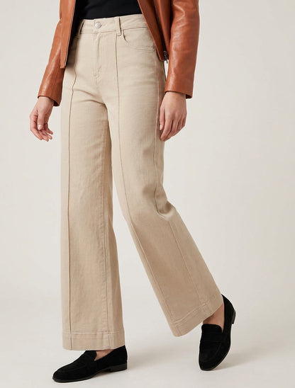 Jean mit weitem Bein, hoher Taille und sichtbarer Naht - Beige