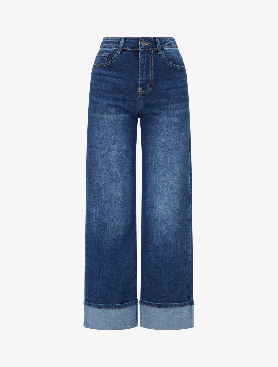 Jean wide leg délavé à ourlet - Bleu denim - 1