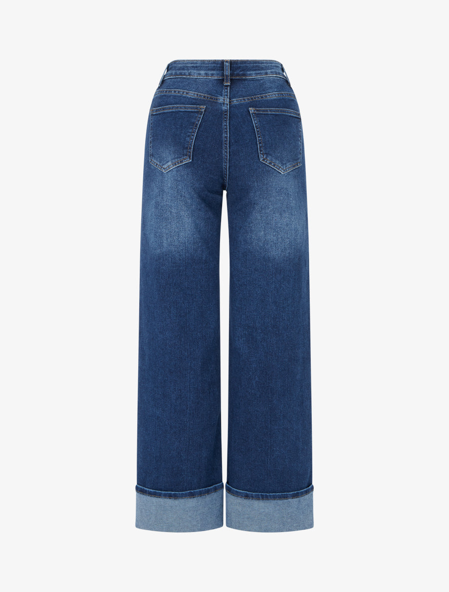 Jean wide leg délavé à ourlet - Bleu denim - 2
