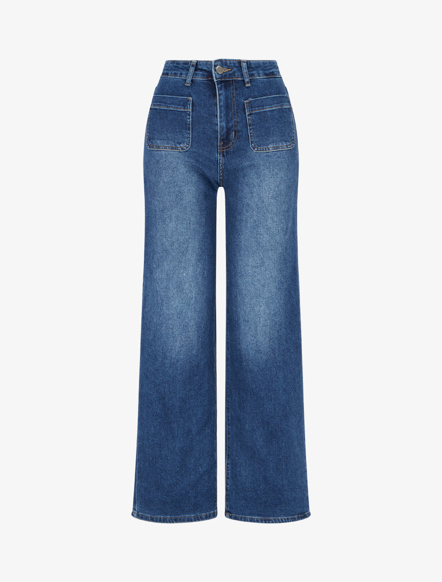 Jean wide leg taille haute à poches plaquées - Bleu denim - 1