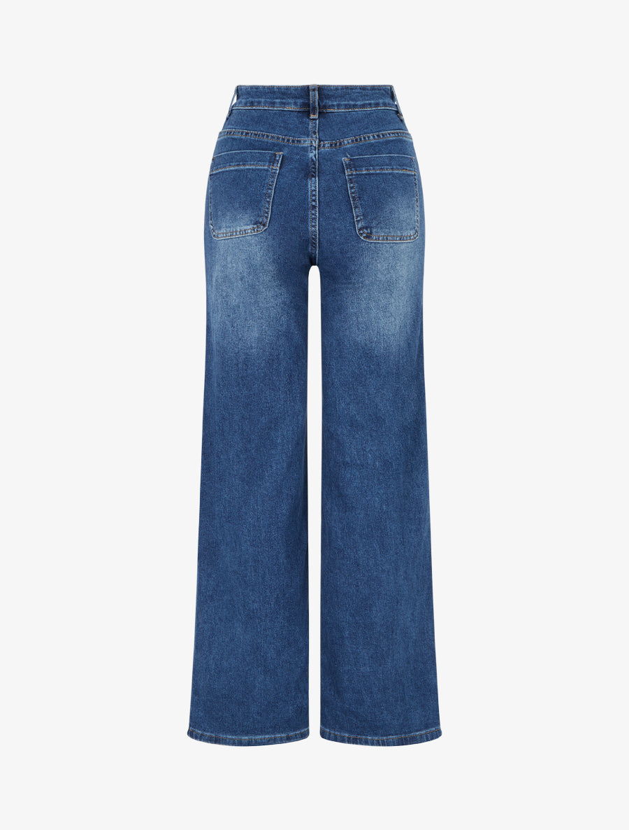 Jean wide leg taille haute à poches plaquées - Bleu denim - 2
