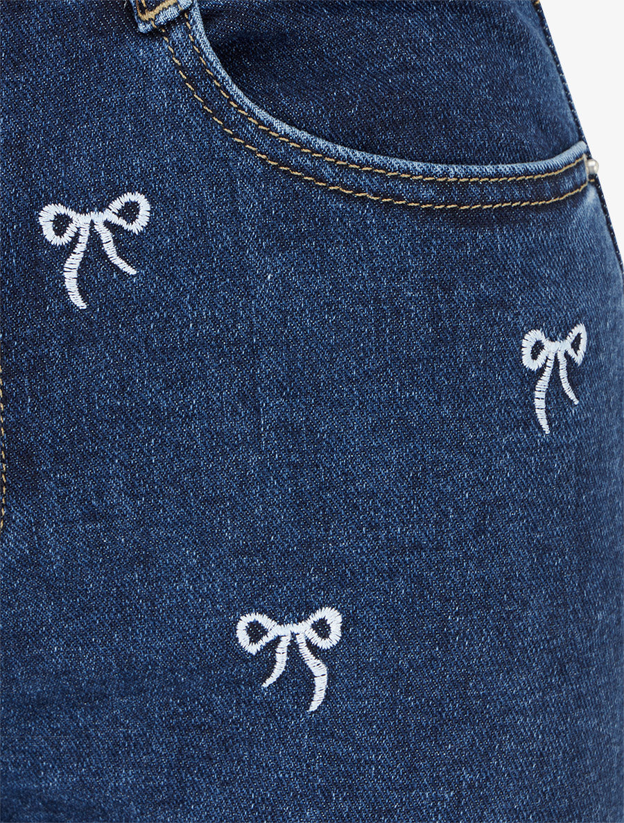 Jean wide leg à broderies motif noeud - Bleu - 3