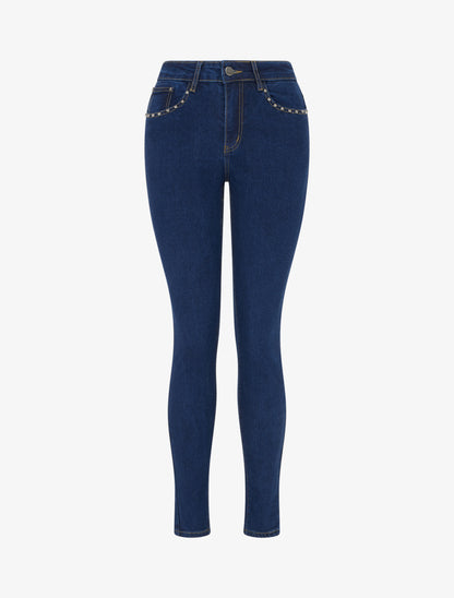Jean taille haute clouté coupe skinny - Bleu denim - 1