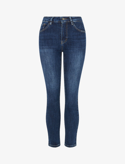 Jean slim délavé à taille haute - Bleu denim - 1
