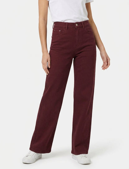 Jean mit weitem Bein, einfarbig, mit hoher Taille - Bordeaux