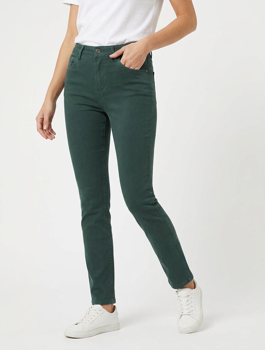 Hoch taillierte einfarbige Slim-Jeans - Dunkelgrün