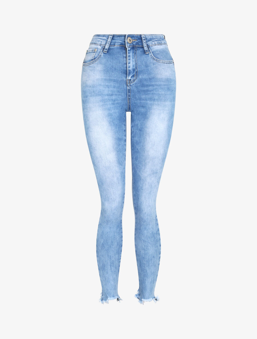 Jean push up délavé à bords coupe franche - Bleu - 1