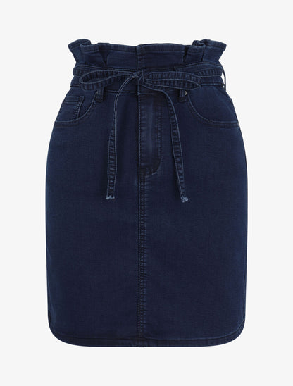 Jupe en jean à taille haute volantée - Marine - 4