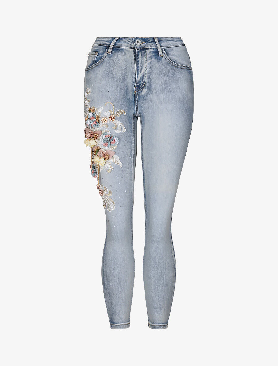 Jean slim à empiècement broderies et strass - Bleu clair - 4