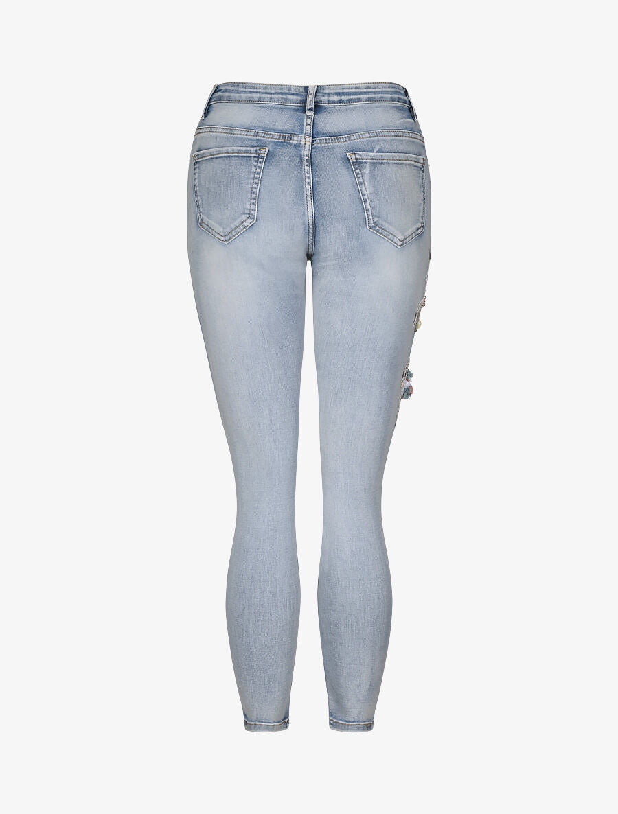Jean slim à empiècement broderies et strass - Bleu clair - 2