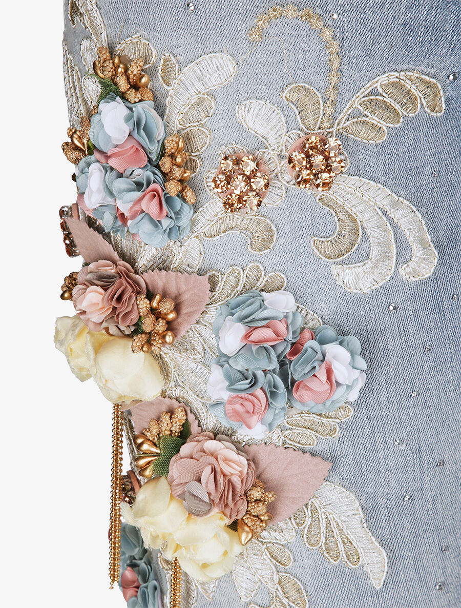 Jean slim à empiècement broderies et strass - Bleu clair - 3