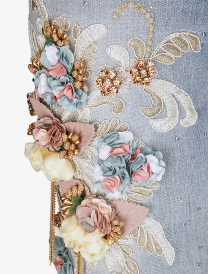 Jean slim à empiècement broderies et strass - Bleu clair - 3