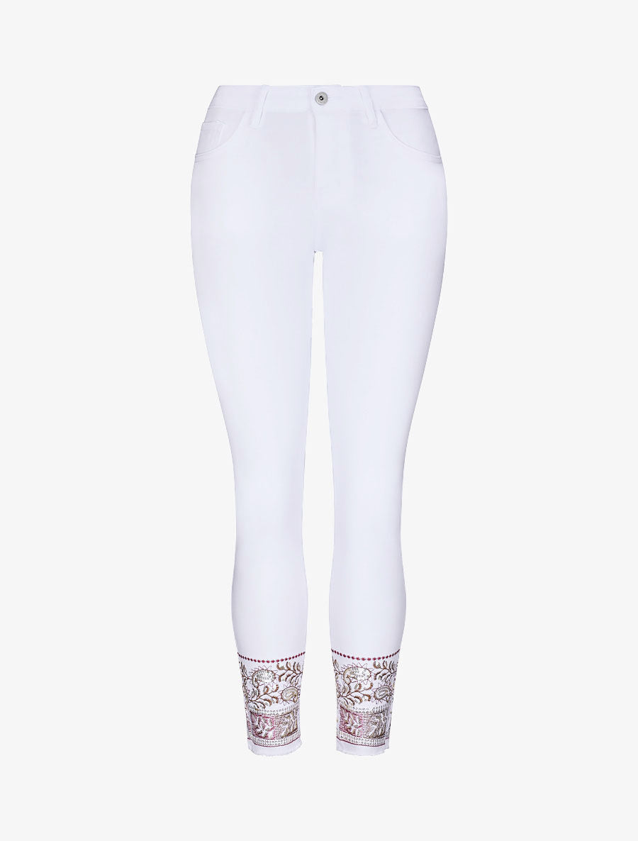 Jean slim push-up taille haute broderie cachemire - Blanc - 1