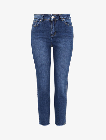 Jean boyfriend taille haute à empiècement effiloché - Bleu denim - 1