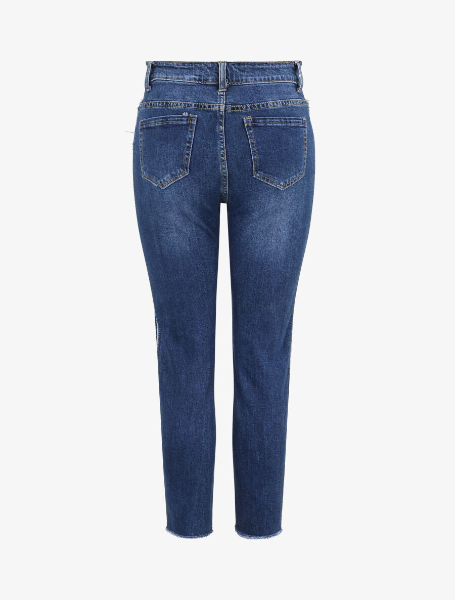 Jean boyfriend taille haute à empiècement effiloché - Bleu denim - 2