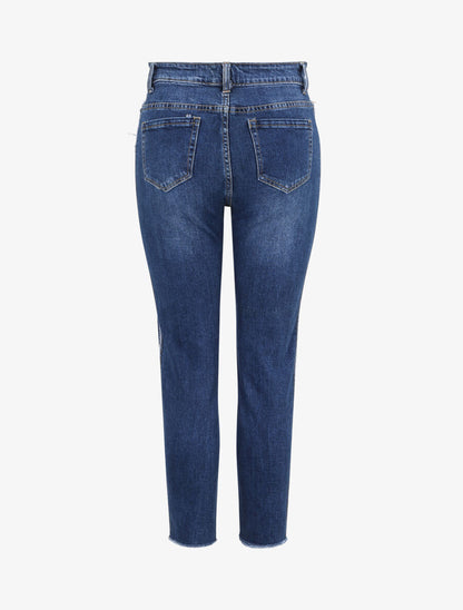 Jean boyfriend taille haute à empiècement effiloché - Bleu denim - 2