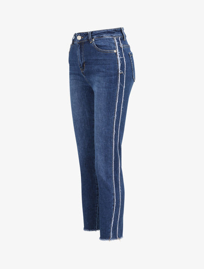 Jean boyfriend taille haute à empiècement effiloché - Bleu denim - 3