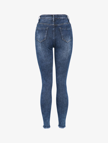Jean skinny taille haute déchiré à bords effilochés - Bleu denim - 2