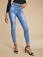 Jean skinny à taille haute élastiquée - Bleu - 6